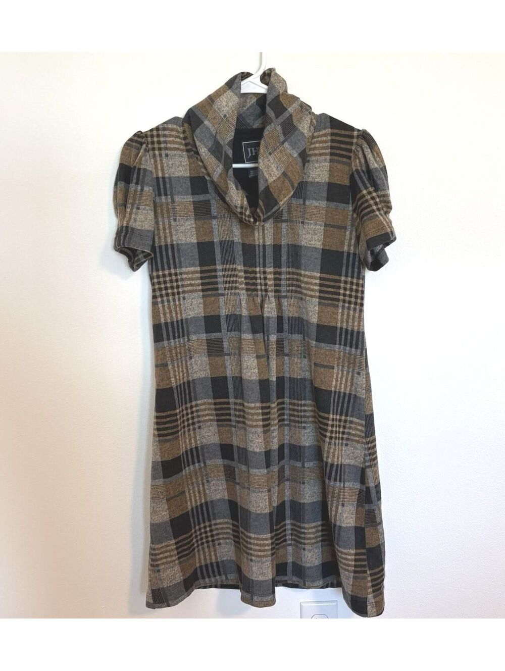 JH Plaid Flannel Cowl Neck Dress Size S Black Brown Puff Sleeve Fall Style